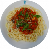 Vegan: Spaghetti (81) mit Grünkern-Gemüse-Bolognese und Rucola (4,21,49,85), Birnenkompott