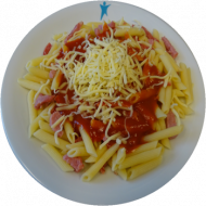 Makkaronichips (81) mit Tomatensoße 'Napoli' (81) dazu geriebener Gouda (19)