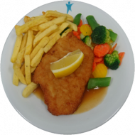 Schweineschnitzel 'Toscana' in würziger Kräuterpanade (15,81) und Bratenrahmsoße (19,81) dazu feine Gemüsemischung und Pommes frites