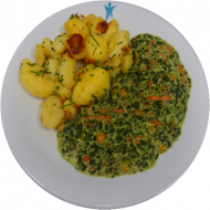 Vegan: Kichererbsencurry mit Spinat, frische Möhren (3,18,81), Chili-Kräuter-Kartoffeln