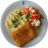 Paniertes Seelachsfilet in Sesampanade gebacken (16,23,56,81) mit Dillsoße und buntem Gemüse dazu hausgemachter Kartoffelstampf (19)