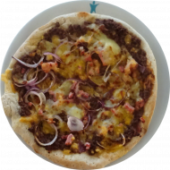 Pizza 'Barbecue' mit Rinderhackfleisch, Bacon, roter Zwiebel, Cheddar und Mozzarella (1,2,4,8,19,21,49,51,52,81)