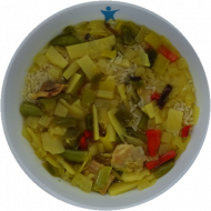 Chinasuppentopf mit Hühnerfleisch, Sprossen, Gemüse und Curry (2,18,49,54,81), auch vegan dazu Fladenbrot (23,81)