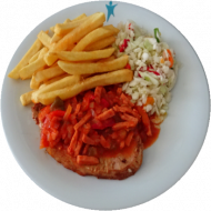 Schweinerückensteak 'Zigeuner Art' (2,3,4,9,21,22,51,81) mit Pommes frites und Weißkraut-Paprika-Salat