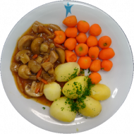 Vegan: Waldpilz-Champignon-Ragout (21,22,24), Buttermöhren, Petersilienkartoffeln 