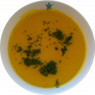 Scharfe Kürbiscremesuppe mit Kokosmilch, Zitronengras, Koriander und Ingwer (2,3,18,24,44) dazu arabisches Fladenbrot (81,83)