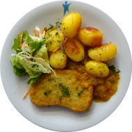 Sellerieschnitzel (21,81) mit Mangochutney (22) dazu Schwenkkartoffeln und Garnitur