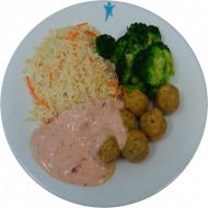 Vegan: 6 frittierte Kichererbsenbällchen „Falafel“ (81) mit mediterranem Sojajoghurt-Dip (3,18), Kaisergemüse, Karottenreis oder Süßkartoffelpüree (3,19)