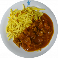 Herzhafter Schweinegulasch (1,3,21,49,51,81) mit Eierspätzle (15,81) 