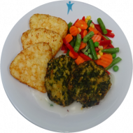 Vegan: 2 Grünkohl-Hanf-Patty mit Kressesoße (81), Balkangemüse, Kartoffelkräuterpüree (3,19) oder Kartoffelröstiecken