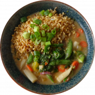 Vegan: Gebratener Spargel 'Thai Style' mit Karotten, Champignons, Paprika und Zuckerschoten (17,18,49), gebratener Ebly Zartweizen (81)