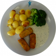 Vegan: Gemüsekroketten (21,81), Sojajoghurt-Kräuter-Dip (3,18), Brokkoli, Schwenkkartoffeln