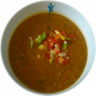 Vegan: Gazpacho Andaluz (kalte Tomaten-Gurkensuppe) (49), dazu Brötchen (81,83)