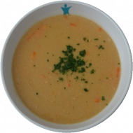 Vegan: Kichererbsen-Möhren-Suppe (3,49), dazu ein Kürbiskernbrötchen (81,82,83)