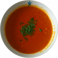 vegan: Tomaten-Kokos-Suppe (49), dazu Brötchen (81,83)