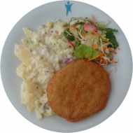 Schweineschnitzel (51,81) mit Kartoffelsalat nach 'Hausfrauen Art' (9,15,19,21,81) und Garnitur