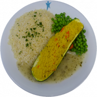 Vegan: Zucchini gefüllt mit Couscous (21,81) und Basilikumsoße (81), dazu Leipziger Allerlei und Kräuterreis