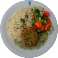 Vegan: Quinoa-Erbsen-Frikadelle (21) mit Kräutersoße (81) und Kaisergemüse, dazu Reis