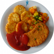 Vegan: Sellerieschnitzel (21,81), BBQ-Soße (9,21,81), glasierte 'Rainbow Carrots' verfeinert mit Thymian (48), Zitronenbulgur oder Röstitaler (81)