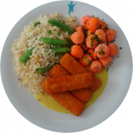 Fischstäbchen (16,81) mit Currysoße (81) und Buttermöhren (19) oder Vitamin-Salat (9) dazu Bratreis mit Zuckerschoten