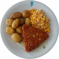 Vegan: Brokkoli-Nuss-Ecke (21,71,72,81,84), Kressesoße (81), Maisgemüse, kleine Ofenkartoffeln