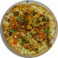 Pizza 'Saloniki' mit Gyros, Tomaten, Zwiebelringen, Zaziki und Hirtenkäse (19,21,49,51,81)