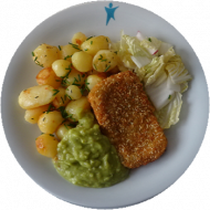 Vegan: Rucola-Süßkartoffel-Schnitte (81,83), Avocadocreme (3,49), Chili-Kräuter-Kartoffeln, Garnitur
