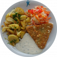 Brokkoli-Nuss-Ecke (20,71,72,81,84) mit Kresse-Joghurt-Dip (3,18) dazu Bratkartoffeln und Salatgarnitur