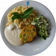 Vegan: Quinoa-Erbsen-Frikadelle (21), Curry-Ingwer-Soja-Dip (3,18), Couscous-Tomaten-Gurken-Salat mit Minze (3,49,81), Garnitur