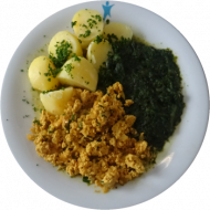 Vegan: Rührtofu (18,81) mit Spinat (81) dazu Petersilienkartoffeln oder Bratkartoffeln