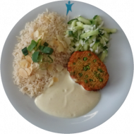 Vegan: Quinoa-Erbsen-Frikadelle (21), Curry-Ingwer-Soja-Dip (3,18), Couscous-Tomaten-Gurken-Salat mit Minze (3,49,81) oder Mandelreis (71), Garnitur