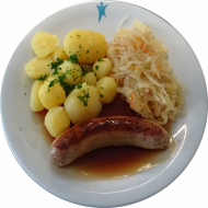 Roster mit Senf an Bratensoße (3,22,51,52,81) und Sauerkraut mit Speck (51) dazu Petersilienkartoffeln