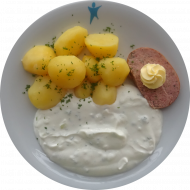 Kräuterquark mit Zwiebeln, Kümmel (19) dazu Butter (19) und Landleberwurst (2,3,21,22,51,52) mit Petersilienkartoffeln