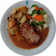 Grill-BIO-Essen: Schweinelachssteak (19,51) mit Rahmsoße (19) dazu Kaisergemüse und Bratkartoffeln