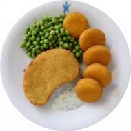 Vegan: knuspriges Sellerieschnitzel, Soja-Dip (3,18,21,81) dazu Erbsengemüse und Macaire-Kartoffeln(81) 