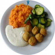 Vegan: 6 frittierte Kichererbsenbällchen „Falafel“ (81), Minze-Koriander-Dip (18,22), Zucchinigemüse, Couscous a la Nuri (81) oder Kürbispüree (18) 