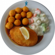 Putenschnitzel mit Zitronenecke (54,81), Geflügelsoße (54,81), buntes Rahmgemüse (9,81) und Kartoffelbällchen (1,81)