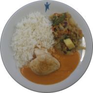 Gebratene Hähnchenbrust in Kokos-Curry-Soße (1,2,18,81) auf chinesischem Pfannengemüse (2,18,81) dazu Basmatireis