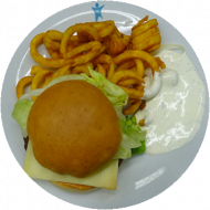 Classic Cheeseburger (1,9,19,22,52,81) mit Sauerrahm-Kräuter-Dip (19), dazu Twister Pommes (81)