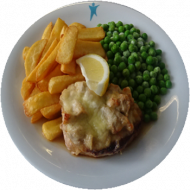 Schweinerückensteak 'au four' (1,19,22,24,44,51,81) mit Bratensoße (81) und Erbsengemüse (19) dazu Pommes frites