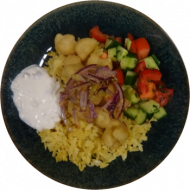 Griechische Tzatziki Bowl mit Blumenkohlnuggets, frischem Gemüse und Kritharaki (3,15,19,49,81) 