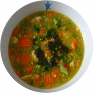 Mediterraner Currytopf mit Hähnchenstreifen (19,49,54), Joghurt, Erbsen, Möhren, Minze und Kreuzkümmel, 1 Bagel (1,81,83) 