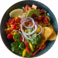 Bunte Taco-Bowl 'al Pastor' mit mariniertem Räuchertofu, Tortillachips, Avocado, Kirschtomaten (3,18,81) 