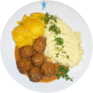 Köttbullar (15,19,51,52,84)in Rahmsoße(19,52,81)mit Möhrchen dazu Kartoffelpüree mit Röstzwiebeln(3,19,81)