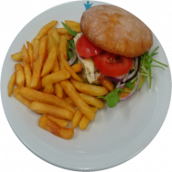 Olivenciabatta-Burger mit Hirtenkäse, Rucola, Pesto und Tomaten (3,9,19,81) dazu Pommes frites