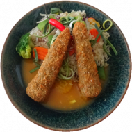 Vegan:Sesam-Karottenstick (21,23,81) mit Currysoße (81) dazu Pfannenreis mit Gemüse