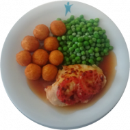Hähnchenbrust mit Tomate und Mozzarella überbacken (2,19,54), Geflügelsoße (54,81) dazu Erbsengemüse und Kartoffelbällchen (1,81)