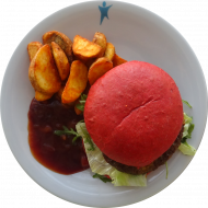Burger 'Americans Best' mit Bacon, Cheddar und fruchtiger BBQ-Sauce (1,2,3,5,11,19,21,22,24,48,51,52,81,83) dazu Kartoffelspalten