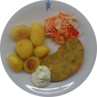 Gemüseschnitzel (81,85) mit Kräuter-Mayonnaise-Dip (22) dazu würzige Schwenkkartoffeln und Salatgarnitur