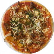 Pizza'Gyros' mit Zwiebeln und Hirtenkäse(19,49,51,81)